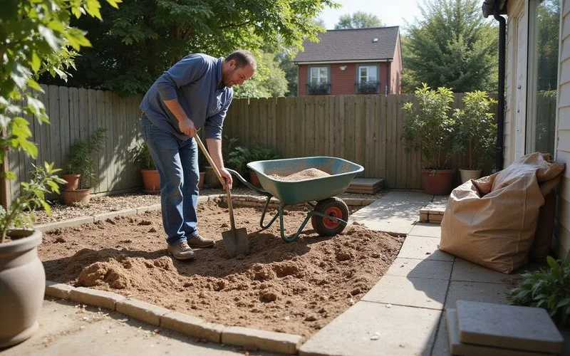 A homeowner laying paving slabs on a sand bed in a garden, with a spirit level and rubber mallet visible nearby