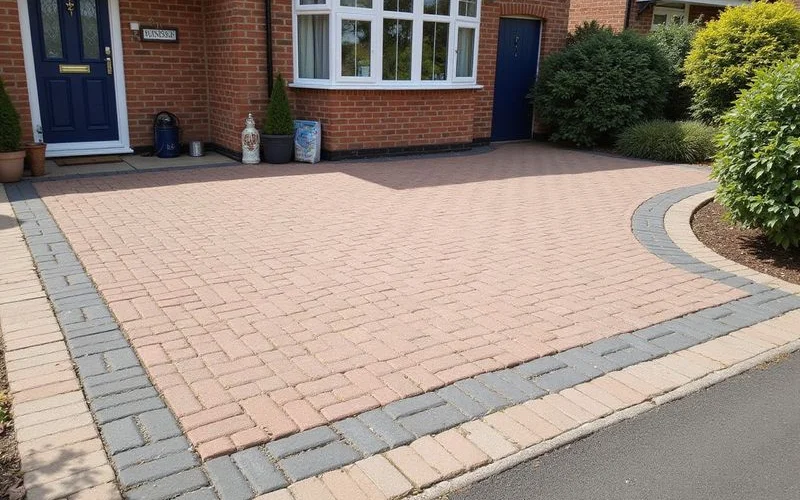 A clean, freshly pressure-washed driveway in front of a Cheltenham home with a for-sale sign visible near the entrance