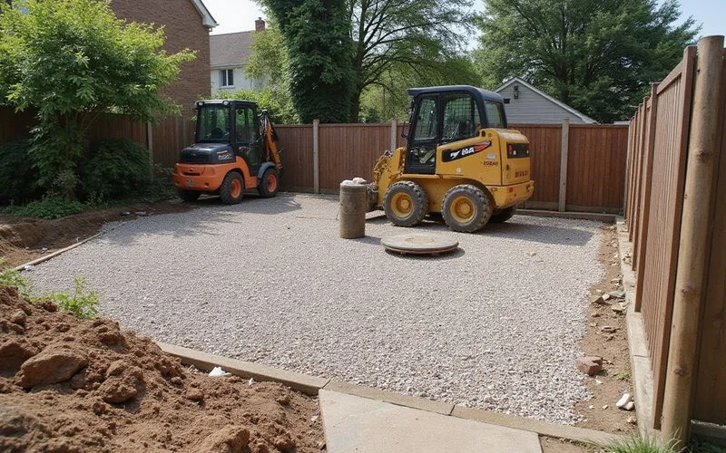 A partially completed driveway installation in Cheltenham showing compacted stone sub-base before the final surface material is laid
