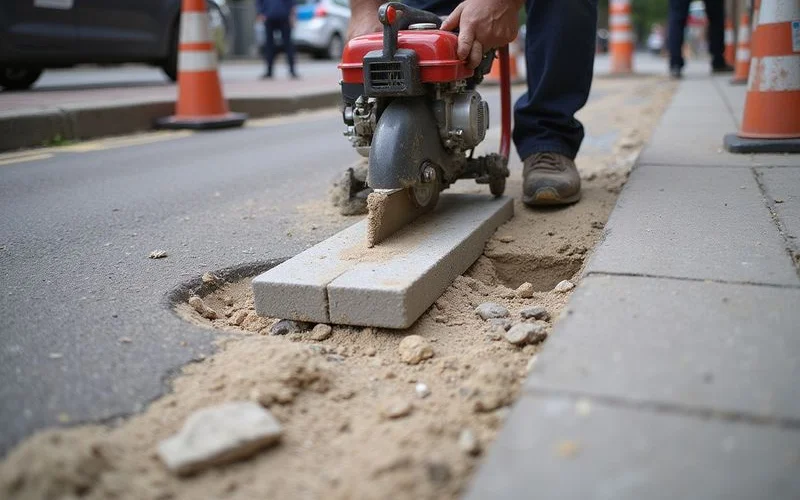 A dropped kerb where a residential driveway meets the pavement, showing the lowered kerb section and reinstated paving