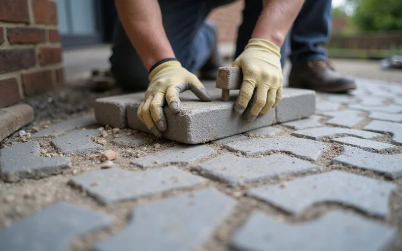 Close-up of freshly laid herringbone block paving with kiln-dried sand being brushed into the joints between blocks