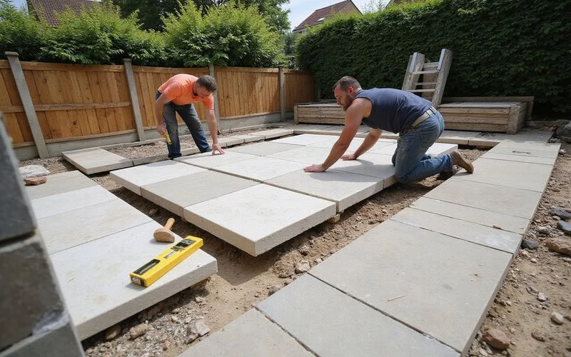 A natural stone patio with warm-toned Indian sandstone slabs laid alongside a lawn in a Cheltenham garden setting