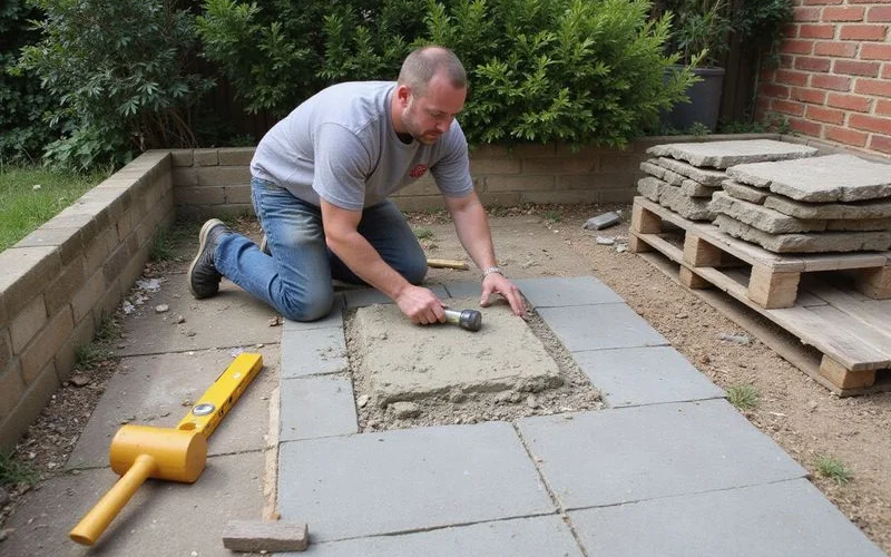 A newly laid patio with jointed paving slabs and a compacted sub-base visible at the unfinished edge in a Cheltenham back garden
