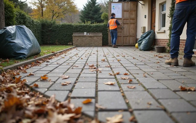 A driveway installation crew working on a clear, dry day with equipment and materials laid out beside the site