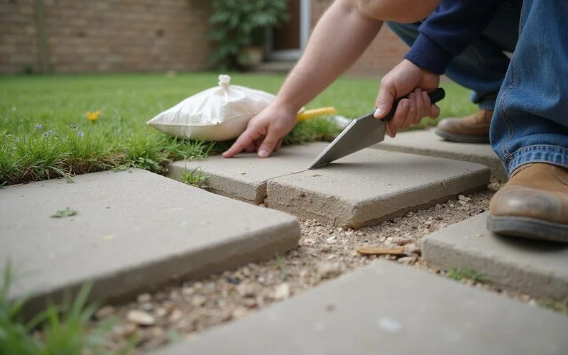A close-up view of a sunken paving slab creating an uneven step next to a level section, with moss visible in the shaded joint
